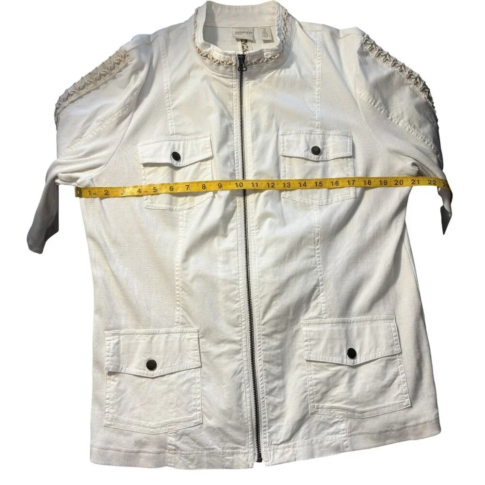Chicos Zenergy White Zip-Up Jacket With Crochet Trim Chicos Size 2 - Picture 8 of 14